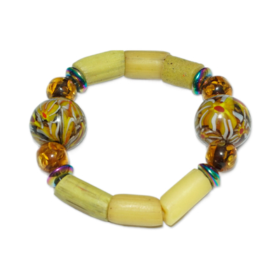 Recycled glass and plastic beaded stretch bracelet, 'Prosperous Memory' - Yellow-Toned Recycled Glass and Plastic Beaded Bracelet