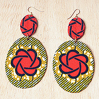 Cotton fabric dangle earrings, 'Red Yayra' - Traditional Red and Yellow Cotton Fabric Dangle Earrings
