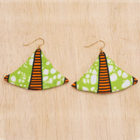 Cotton fabric earrings, 'Senyo' - Green and Orange Printed Cotton Fabric Dangle Earrings