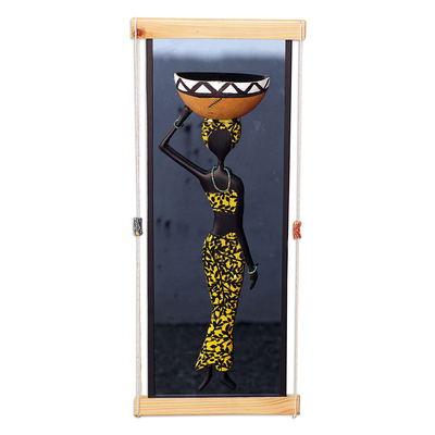 Calabash gourd and glass wall art, 'Graceful Goddess' - Yellow Gourd and Glass Wall Art of Hardworking Woman