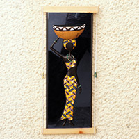 Calabash gourd and glass wall art, 'Clever Goddess' - Yellow and Blue Calabash Gourd Wall Art of Hardworking Woman