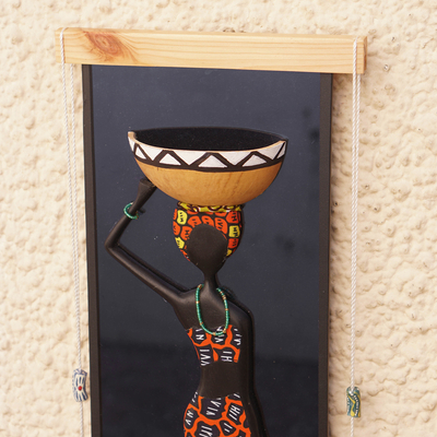 Calabash gourd and glass wall art, 'Authentic Goddess' - Orange Gourd and Glass Wall Art of Hardworking Woman
