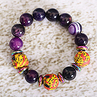 Recycled glass beaded bracelet, 'Party at Twilight' - Purple Recycled Glass Beaded Stretch Bracelet from Ghana