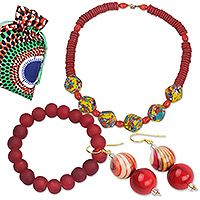 Set de regalo seleccionado - Set de regalo ecológico con collar, pendientes y pulsera rojos