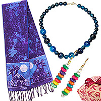 Set de regalo curado, 'African Enchantment' - Set de regalo curado de algodón y cuentas en tonos azules hechos a mano