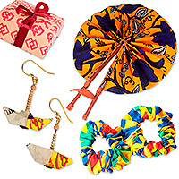 Kuratiertes Geschenkset „African Chic“ – Kuratiertes Kente-Geschenkset mit Handfächer, 2 Haargummis und Ohrringen