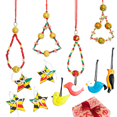 Curated gift set, 'Galaxy Boom' - Wood, Cotton and Glass Bead Ornament Curated Gift Set