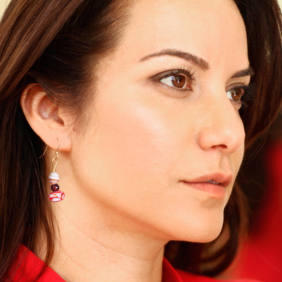 Recycled glass beaded dangle earrings, 'Luxury Red' - Red and White Recycled Glass Beaded Dangle Earrings
