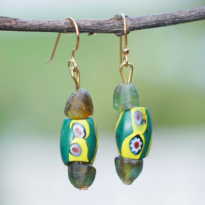 Recycled glass beaded dangle earrings, 'Green Looks' - Green and Yellow Recycled Glass Beaded Dangle Earrings