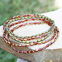 Recycled glass beaded stretch bracelets, 'Odo Kai' (set of 5) - Set of Five Green and Red Recycled Glass Beaded Bracelets