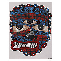 „Masked Heritage“ – Ungedehnte expressionistische blaue und rote Acrylmaskenmalerei