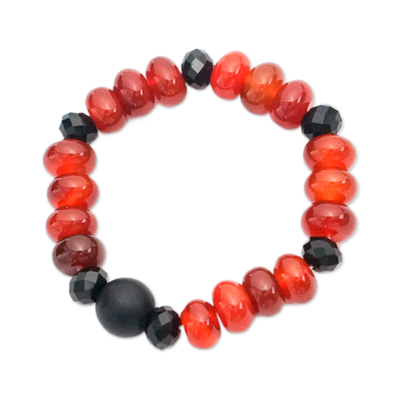 Agate and onyx beaded stretch bracelet, 'Flaming Prestige' - Eco-Friendly Red Agate and Onyx Beaded Stretch Bracelet