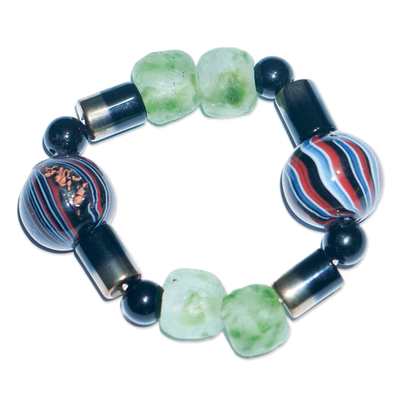 Recycled glass beaded stretch bracelet, 'Blue Dromo' - Eco-Friendly Blue and Green Recycled Glass Beaded Bracelet