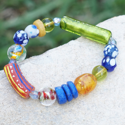 Recycled glass and plastic beaded stretch bracelet, 'Surprise Shades' - Eco-Friendly Colorful Glass and Plastic Beaded Bracelet