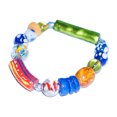 Recycled glass and plastic beaded stretch bracelet, 'Surprise Shades' - Eco-Friendly colourful Glass and Plastic Beaded Bracelet