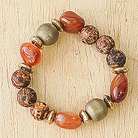 Recycled glass and agate beaded stretch bracelet, 'Gorgeous Fire' - Recycled Glass and Natural Agate Beaded Stretch Bracelet