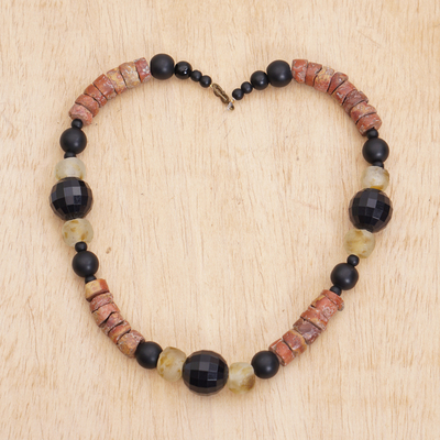 Recycled glass and bauxite beaded necklace, 'Kronkron' - Recycled Glass and Bauxite Beaded Necklace with Brass Clasp