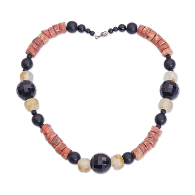 Recycled glass and bauxite beaded necklace, 'Kronkron' - Recycled Glass and Bauxite Beaded Necklace with Brass Clasp