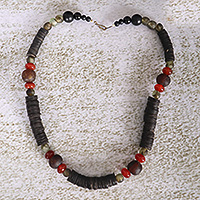 Agate, coconut shell and recycled glass beaded strand necklace, 'Holy' - Agate Coconut Shell Recycled Glass Beaded Strand Necklace