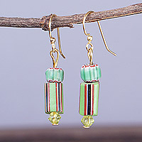Recycled glass beaded dangle earrings, 'Adiagba' - Green Striped Recycled Glass Beaded Dangle Earrings