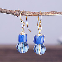 Recycled glass beaded dangle earrings, 'Adiagba in Blue' - Eco-Friendly Blue Recycled Glass Beaded Dangle Earrings