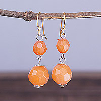 Recycled glass dangle earrings, 'Orange Facets' - Eco-Friendly Geometric Orange Recycled Glass Dangle Earrings