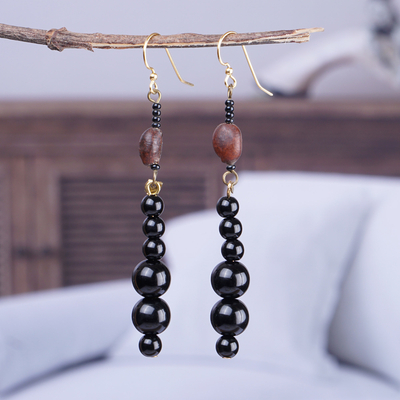 Recycled plastic and glass beaded dangle earrings, 'Twilight Dame' - Black and Brown Plastic and Glass Beaded Dangle Earrings