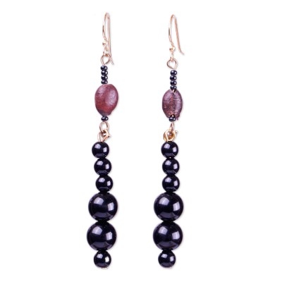 Recycled plastic and glass beaded dangle earrings, 'Twilight Dame' - Black and Brown Plastic and Glass Beaded Dangle Earrings