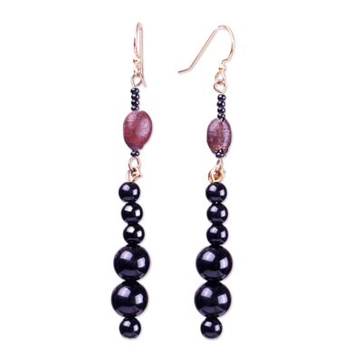 Recycled plastic and glass beaded dangle earrings, 'Twilight Dame' - Black and Brown Plastic and Glass Beaded Dangle Earrings