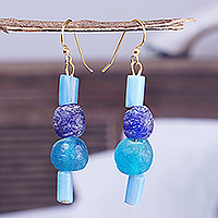 Recycled glass beaded dangle earrings, 'Adiagba in Heaven' - Eco-Friendly Blue Recycled Glass Beaded Dangle Earrings