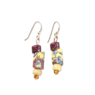 Recycled glass beaded dangle earrings, 'Ghana's Colors' - Brown and Yellow Recycled Glass Beaded Dangle Earrings