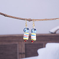 Recycled glass beaded dangle earrings, 'Dulcet Blue' - colourful Eco-Friendly Recycled Glass Beaded Dangle Earrings