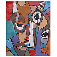 'Seekers' - Signed Unstretched Cubist Colorful Acrylic Painting
