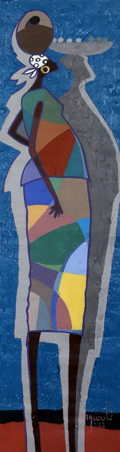 'Don't Give Up' - Expressionist Blue-Toned Acrylic Market Woman Painting
