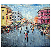 'Market Lane II' (2020) - Signed Impressionist Oil Cityscape Painting from Ghana