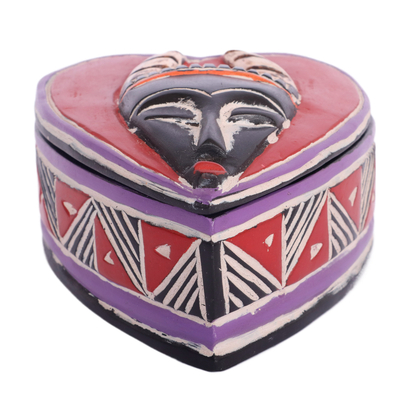 Wood jewellery box, 'Love Mask' - Hand-Painted Heart-Shaped Wood jewellery Box with Mask Accent