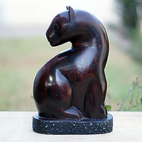 Wood and ceramic sculpture, 'Majestic Feline' - Hand-Carved and Painted Wood Cat Figurine with Ceramic Base