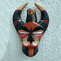 African wood mask, 'Senufo Glory' - Traditional Hand-Painted Red and Black African Wood Mask