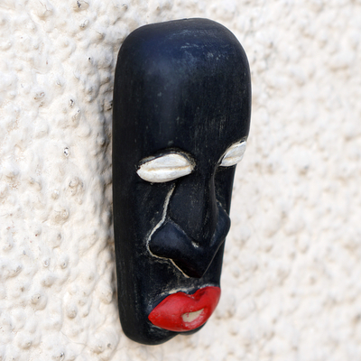 African wood mask, 'Nzinga Mbande' - Handmade Black and Red African Mask of Queen Nzinga Mbande