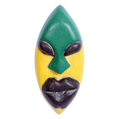 African wood mask, 'Yargoje' - Handcrafted Yellow and Green African Mask of Queen Yargoje