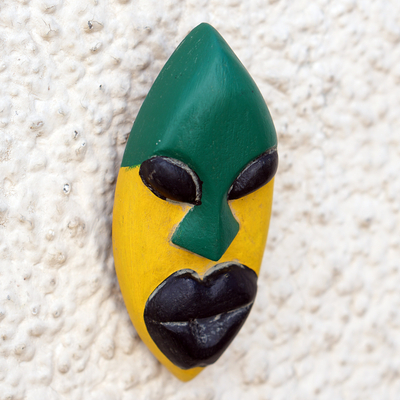 African wood mask, 'Yargoje' - Handcrafted Yellow and Green African Mask of Queen Yargoje