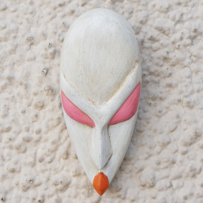 African wood mask, 'Queen Pokou' - Hand-Painted White and Pink Queen Pokou African Mask