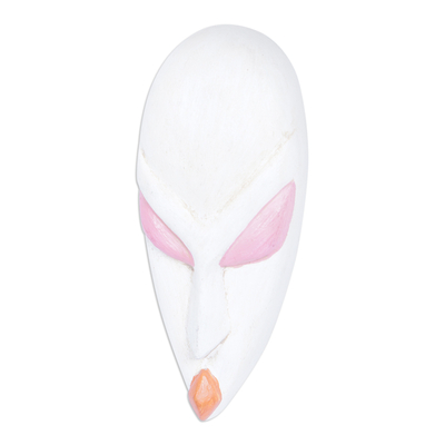 African wood mask, 'Queen Pokou' - Hand-Painted White and Pink Queen Pokou African Mask