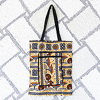 Self-storing cotton tote bag, ‘Village Day’ - Folk Art-Patterned Self-Storing Cotton Tote Bag with Zipper