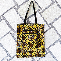 Self-storing cotton tote bag, ‘Adinkra Essence’ - Black and Brown Adinkra-Themed Self-Storing Cotton Tote Bag