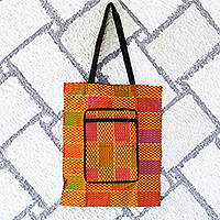 Self-storing cotton tote bag, ‘Kente Sunshine’ - Kente-Themed Yellow and Red Self-Storing Cotton Tote Bag