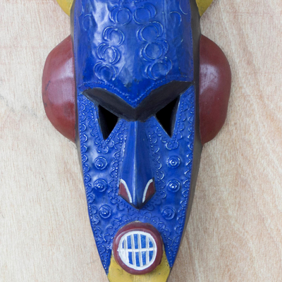 Ghanaian wood mask, 'Courageous Warrior' - Unique African Wood Mask