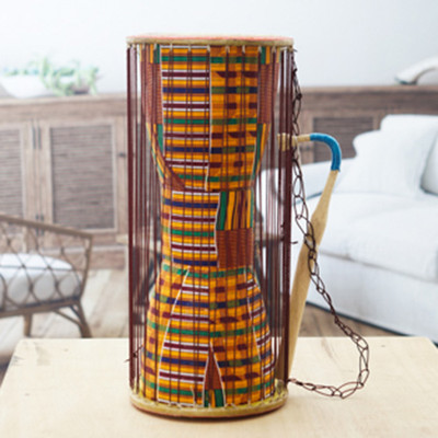 Leather and wood dondo drum, 'Kente Festival' - Ghanaian-Made Kente-Patterned Leather and Wood Dondo Drum