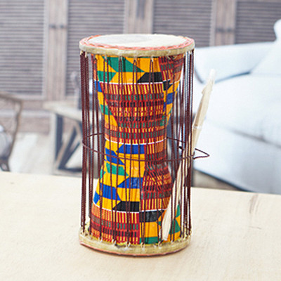 Leather and wood dondo drum, 'Kente Festival' (mini) - Kente-Themed Mini Leather and Wood Dondo Drum from Ghana