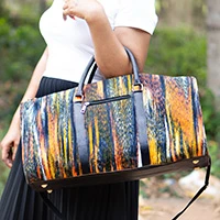 Leather-accented cotton duffel bag, 'African Vibrancy' - Splashes of Color-Themed Leather-Accented Cotton Duffel Bag